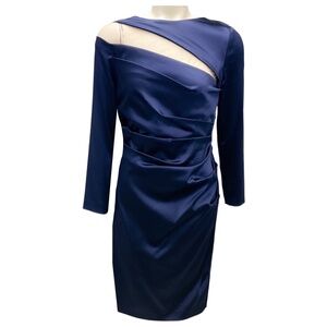 TALBOT RUNHOF NAVY MESH TULLE DETAIL LONG SLEEVED SATIN COCKTAIL DRESS